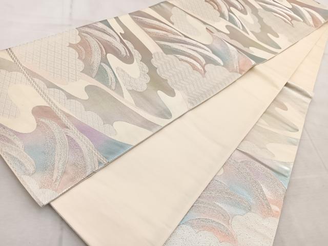 平和屋着物◎六通柄袋帯 雲取り立波文 銀糸 正絹 逸品 BAAV6488yc