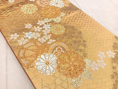 平和屋着物◎六通柄袋帯 鼓花文 金銀糸 正絹 逸品 BAAV6490yc