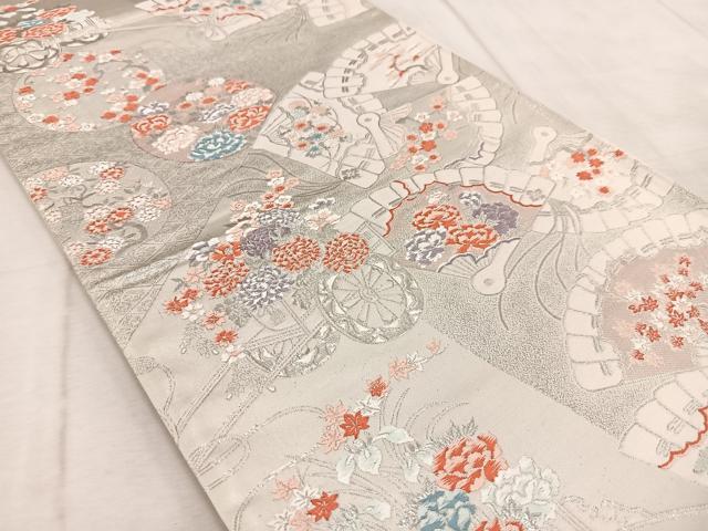 平和屋着物◎六通柄袋帯　唐織　檜扇花車文　九百錦　プラチナ箔　正絹　逸品　BAAV6497yc