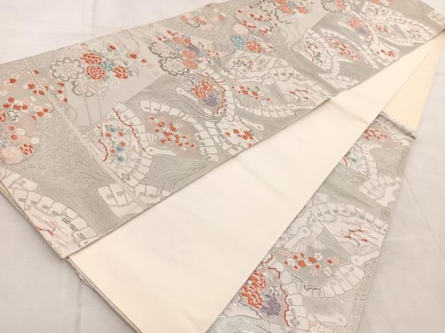 平和屋着物◎六通柄袋帯　唐織　檜扇花車文　九百錦　プラチナ箔　正絹　逸品　BAAV6497yc