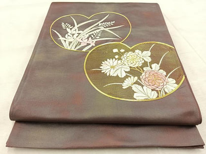 平和屋着物◎太鼓柄袋帯 駒刺繍 団扇花文 銀糸 引箔 正絹 逸品 BAAV6506yc