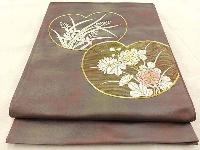 平和屋着物◎太鼓柄袋帯 駒刺繍 団扇花文 銀糸 引箔 正絹 逸品 BAAV6506yc