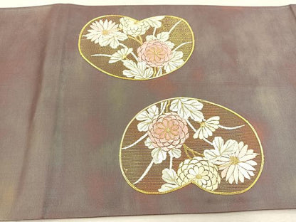 平和屋着物◎太鼓柄袋帯 駒刺繍 団扇花文 銀糸 引箔 正絹 逸品 BAAV6506yc