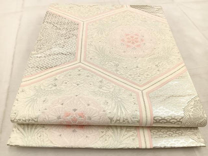 平和屋着物◎六通柄袋帯 亀甲花鳥文 銀糸 正絹 逸品 BAAV6508yc