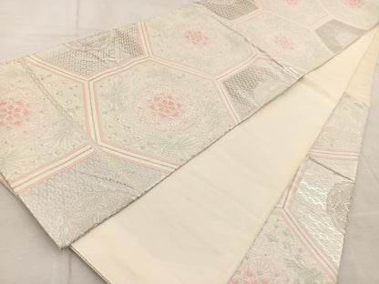 平和屋着物◎六通柄袋帯 亀甲花鳥文 銀糸 正絹 逸品 BAAV6508yc