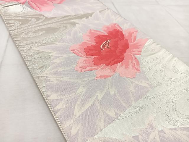 平和屋着物◎六通柄袋帯　唐織　地紙牡丹流水文　銀糸　正絹　逸品　BAAV6513yc