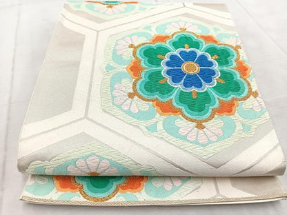 平和屋着物◎六通柄袋帯 唐織 亀甲花文 金糸 正絹 逸品 BAAV6518yc