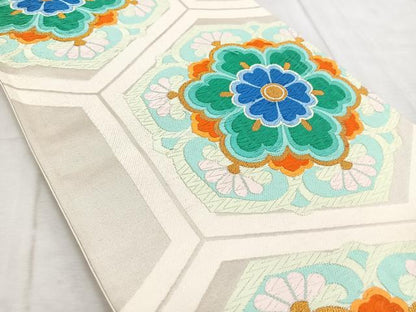 平和屋着物◎六通柄袋帯 唐織 亀甲花文 金糸 正絹 逸品 BAAV6518yc