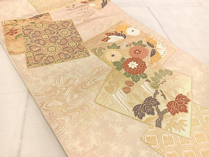 平和屋着物◎六通柄袋帯　唐織織成　色紙重ね花蝶文　金銀糸　三越扱い　正絹　逸品　BAAV6523yc