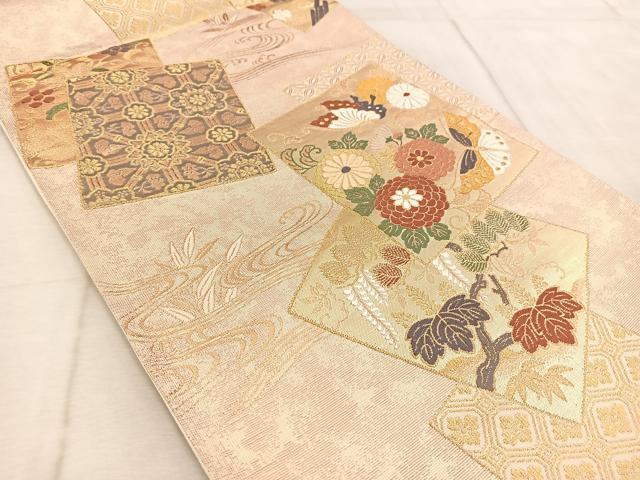 平和屋着物◎六通柄袋帯　唐織織成　色紙重ね花蝶文　金銀糸　三越扱い　正絹　逸品　BAAV6523yc