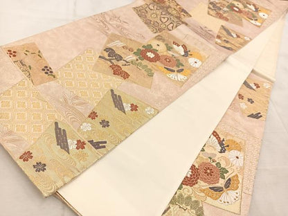 平和屋着物◎六通柄袋帯　唐織織成　色紙重ね花蝶文　金銀糸　三越扱い　正絹　逸品　BAAV6523yc