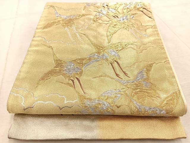平和屋着物◎六通柄袋帯　群鶴　金銀糸　正絹　逸品　BAAV6526yc