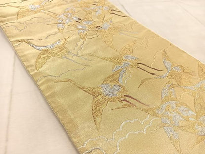 平和屋着物◎六通柄袋帯　群鶴　金銀糸　正絹　逸品　BAAV6526yc