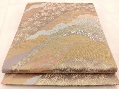 平和屋着物◎六通柄袋帯　重ね山花文　金糸　正絹　逸品　BAAV6562yc