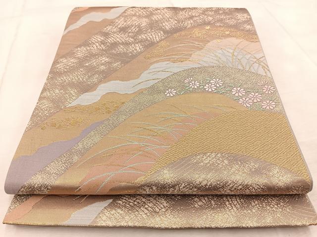 平和屋着物◎六通柄袋帯　重ね山花文　金糸　正絹　逸品　BAAV6562yc