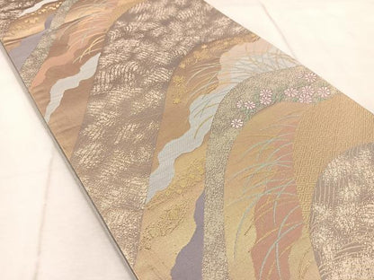 平和屋着物◎六通柄袋帯　重ね山花文　金糸　正絹　逸品　BAAV6562yc