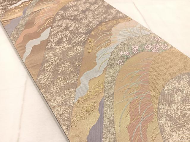 平和屋着物◎六通柄袋帯　重ね山花文　金糸　正絹　逸品　BAAV6562yc