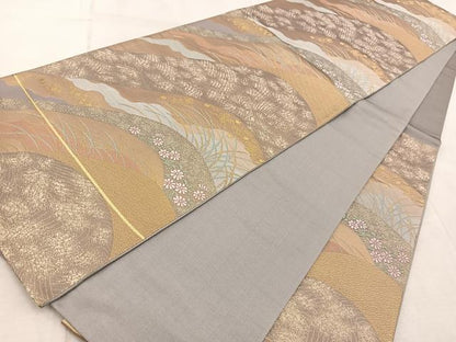 平和屋着物◎六通柄袋帯　重ね山花文　金糸　正絹　逸品　BAAV6562yc