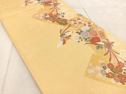 平和屋着物◎六通柄袋帯　唐織　鳳凰扇花文　金糸　正絹　逸品　BAAV6563yc