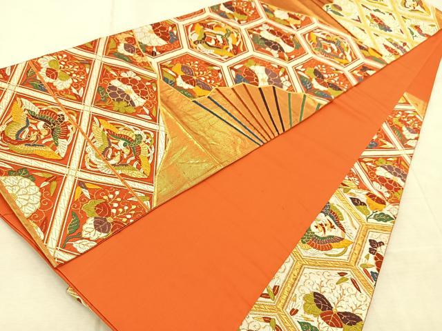 平和屋着物◎六通柄袋帯　唐織　鳳凰扇面花文　金糸　正絹　逸品　BAAV6568yc