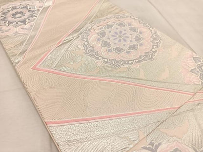 平和屋着物◎六通柄袋帯　唐織　飛鶴正倉院花文　銀糸　正絹　逸品　BAAV6581yc