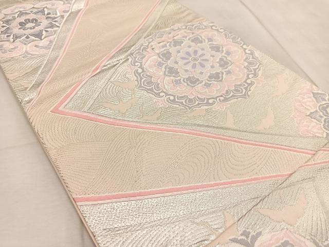 平和屋着物◎六通柄袋帯　唐織　飛鶴正倉院花文　銀糸　正絹　逸品　BAAV6581yc