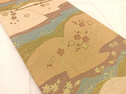 平和屋着物◎六通柄袋帯　流水風景花文　金糸　引箔　正絹　逸品　BAAV6588yc