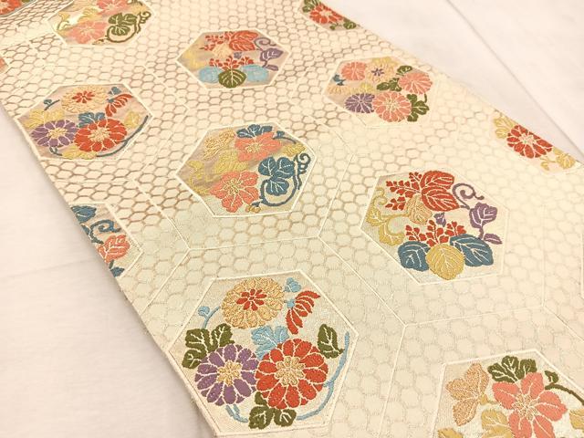 平和屋着物◎六通柄袋帯　亀甲花文　金糸　正絹　逸品　BAAV6590yc