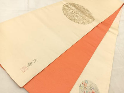 平和屋着物◎太鼓柄袋帯　作家物　花丸文　金彩　正絹　逸品　BAAV6593yc