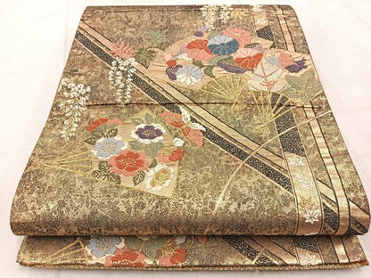 平和屋着物◎六通柄袋帯　唐織　扇面花蝶文　金糸　正絹　逸品　BAAV6594yc