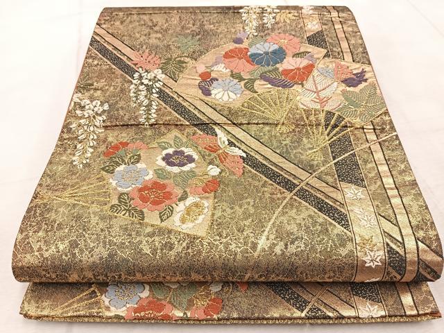 平和屋着物◎六通柄袋帯　唐織　扇面花蝶文　金糸　正絹　逸品　BAAV6594yc