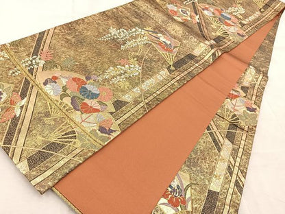 平和屋着物◎六通柄袋帯　唐織　扇面花蝶文　金糸　正絹　逸品　BAAV6594yc