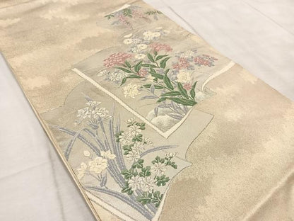 平和屋着物◎太鼓柄袋帯　唐織　冊子花文　金銀糸　正絹　逸品　BAAV6603yc