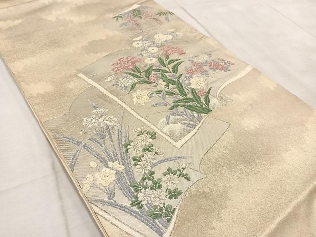 平和屋着物◎太鼓柄袋帯　唐織　冊子花文　金銀糸　正絹　逸品　BAAV6603yc