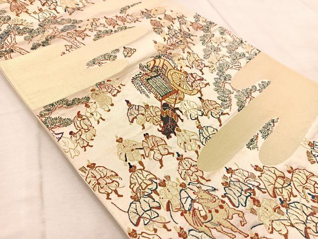 平和屋着物◎六通柄袋帯　唐織　大名行列　金糸　正絹　逸品　BAAV6605yc
