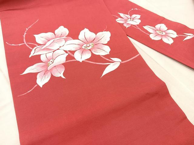 平和屋着物◎塩瀬　九寸名古屋帯　手描き　紬地　草花文　金彩　正絹　逸品　BAAV6606yc