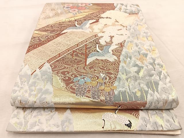 平和屋着物◎六通柄袋帯　唐織　寿鶴山水文　金銀糸　正絹　逸品　BAAV6618yc