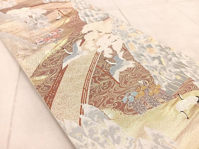 平和屋着物◎六通柄袋帯　唐織　寿鶴山水文　金銀糸　正絹　逸品　BAAV6618yc