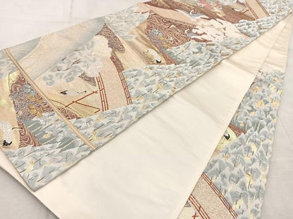 平和屋着物◎六通柄袋帯　唐織　寿鶴山水文　金銀糸　正絹　逸品　BAAV6618yc