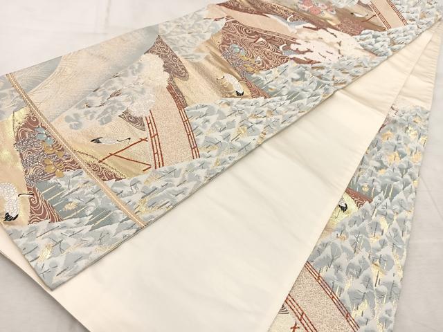 平和屋着物◎六通柄袋帯　唐織　寿鶴山水文　金銀糸　正絹　逸品　BAAV6618yc