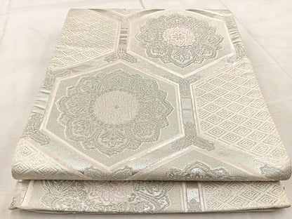 平和屋着物◎六通柄袋帯 唐織 亀甲花文 銀糸 正絹 逸品 BAAV6622yc