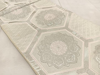 平和屋着物◎六通柄袋帯 唐織 亀甲花文 銀糸 正絹 逸品 BAAV6622yc