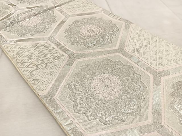 平和屋着物◎六通柄袋帯 唐織 亀甲花文 銀糸 正絹 逸品 BAAV6622yc