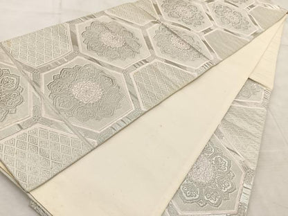 平和屋着物◎六通柄袋帯 唐織 亀甲花文 銀糸 正絹 逸品 BAAV6622yc