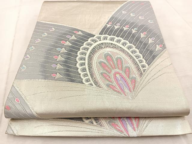 平和屋着物◎六通柄袋帯　唐織　孔雀　銀糸　正絹　逸品　BAAV6625yc