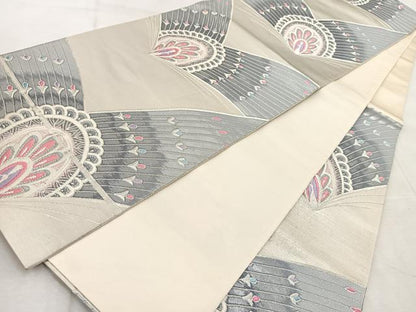 平和屋着物◎六通柄袋帯　唐織　孔雀　銀糸　正絹　逸品　BAAV6625yc