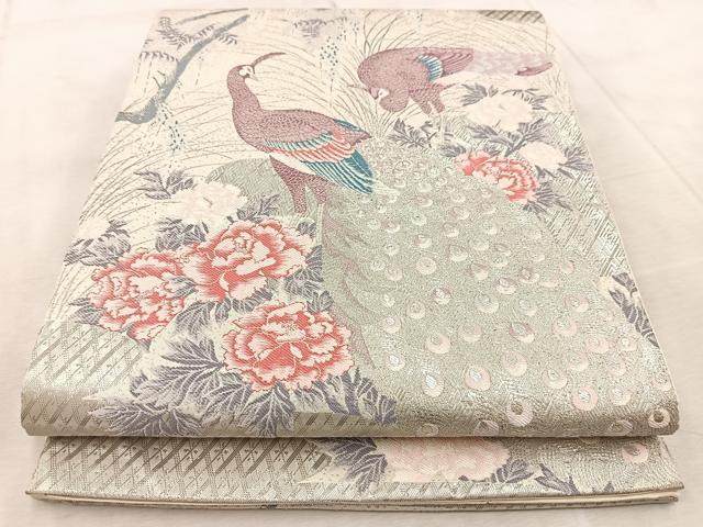 平和屋着物◎六通柄袋帯　唐織　瑞祥孔雀文　プラチナ箔　正絹　逸品　BAAV6626yc
