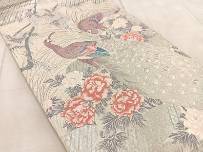 平和屋着物◎六通柄袋帯　唐織　瑞祥孔雀文　プラチナ箔　正絹　逸品　BAAV6626yc