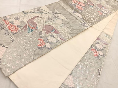 平和屋着物◎六通柄袋帯　唐織　瑞祥孔雀文　プラチナ箔　正絹　逸品　BAAV6626yc