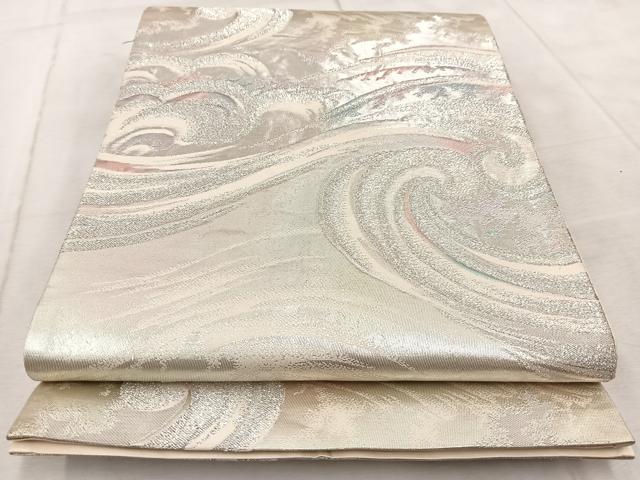 平和屋着物◎六通柄袋帯　立波文　銀糸　正絹　逸品　BAAV6631yc